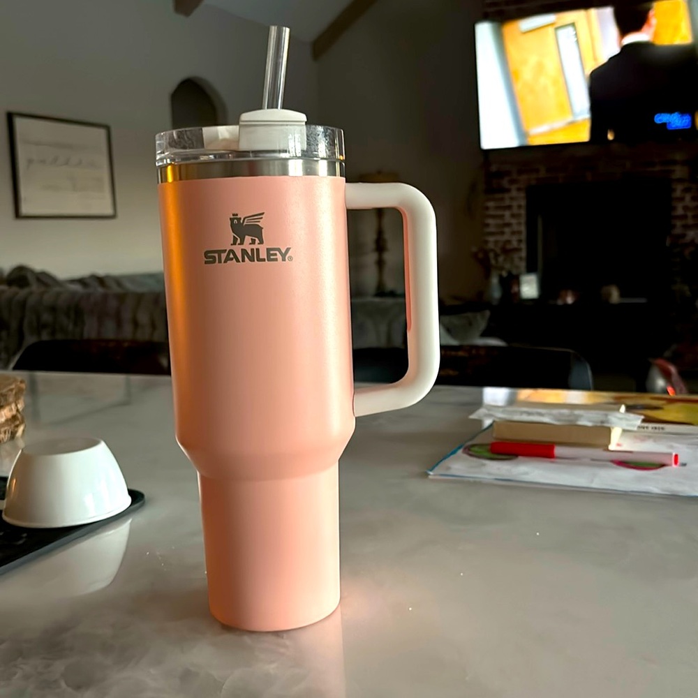 40oz light pink and white stanley. Very easy to use and dishwasher safe.